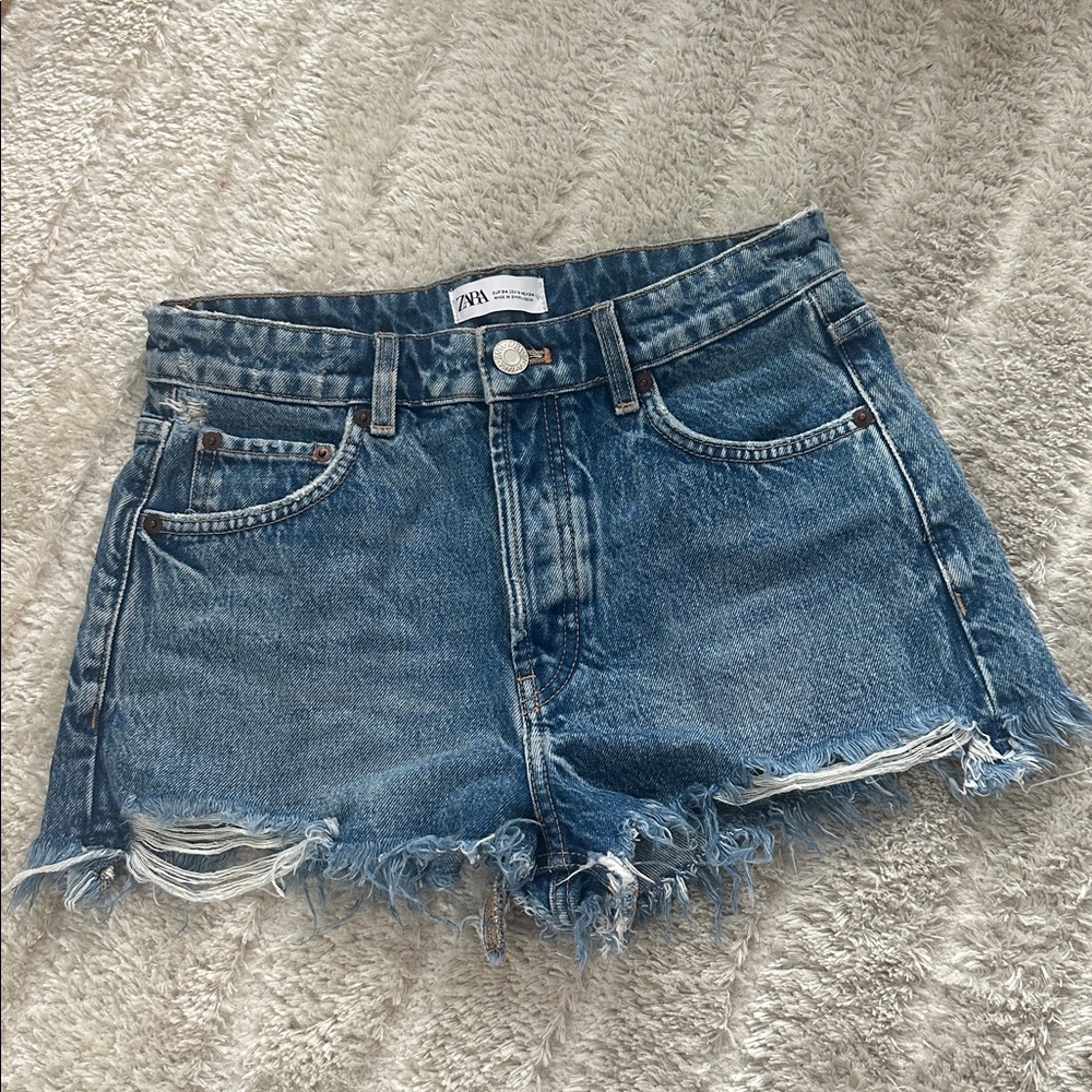 Zara Blue Frayed Hem Jean Shorts